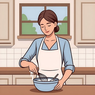 Woman whisking batter in kitchen