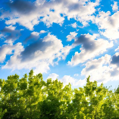 Green trees under blue cloudy sky