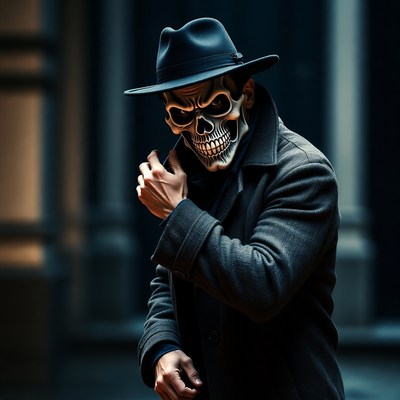 Man in skull mask and fedora