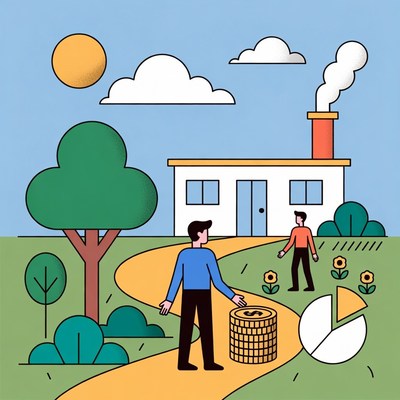 Men carrying coins near house