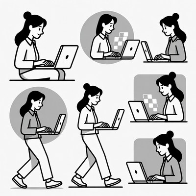 Woman Working on Laptop Illustration Set