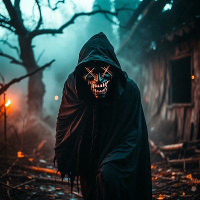 Hooded Figure with Glowing Skull Mask