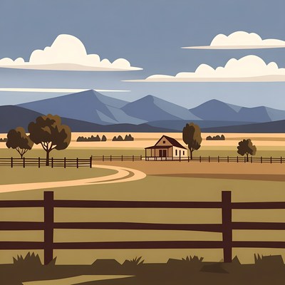 Farmhouse in field with mountains