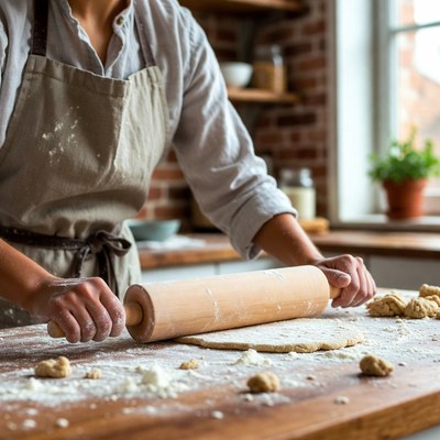 Woman rolling dough in kitchen