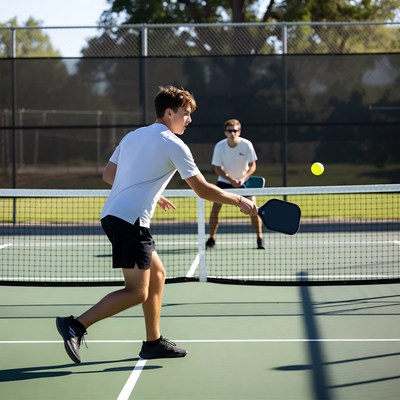 Two young men playing pickleball