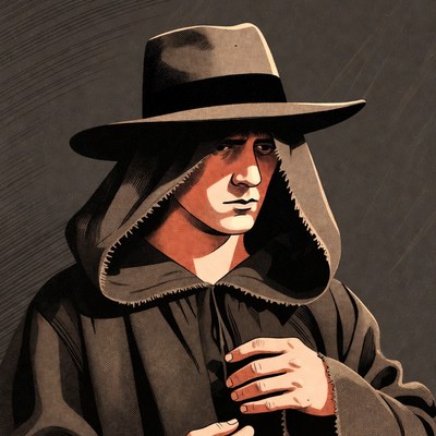 Man in hooded robe and fedora