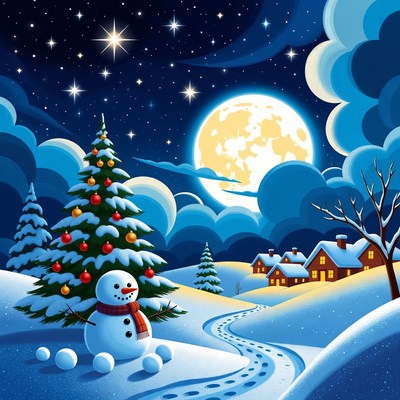 Snowman by Christmas Tree Under Moonlit Sky