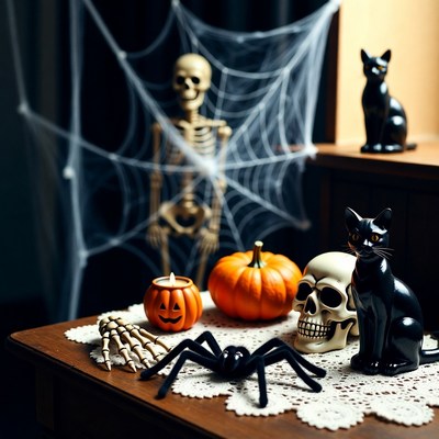 Halloween Table with Skeleton Pumpkin Cat