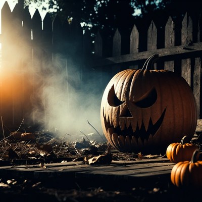 Jack-o'-lantern by haunted fence
