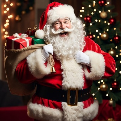 Smiling Santa Claus with sack of gifts