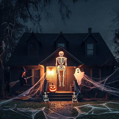 Spooky Halloween House with Witch and Skeleton