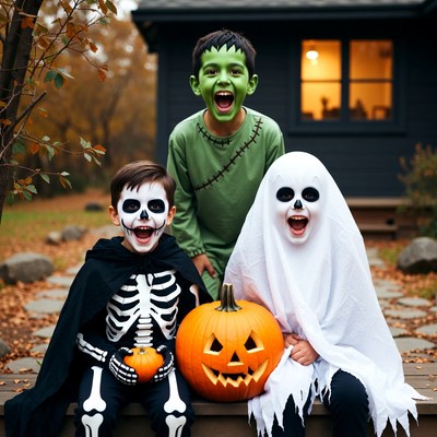 Boys in Halloween costumes with pumpkin