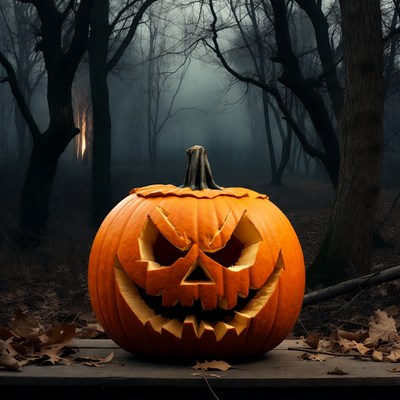 Jack-o'-lantern in foggy forest