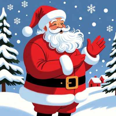 Smiling Santa Claus waving in snowy forest