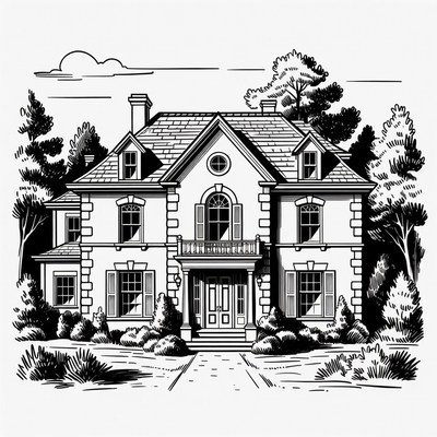 Large House with Trees Illustration