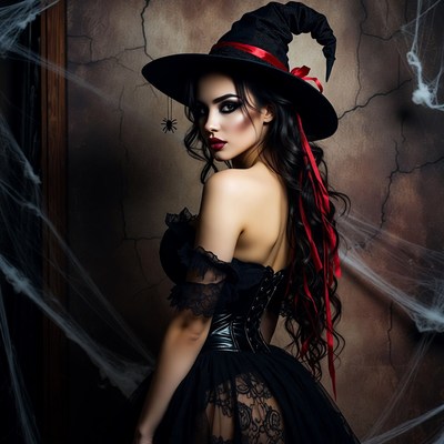 Seductive Witch in Black Lace Dress