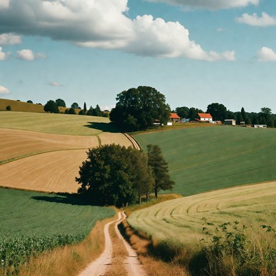 Dirt road through colorful rolling fields