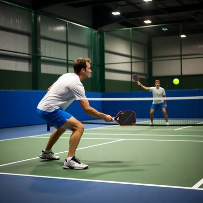 Two men playing pickleball indoors