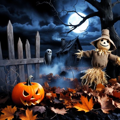 Scarecrow with Jack-o-Lantern Halloween Scene