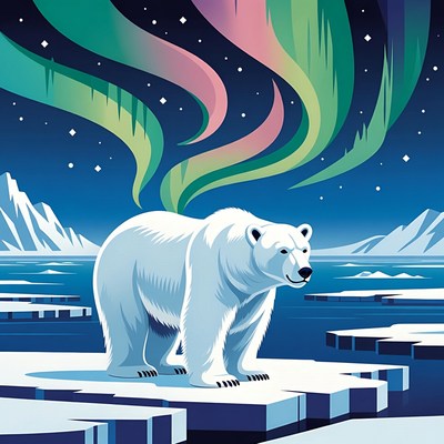 Polar bear under northern lights