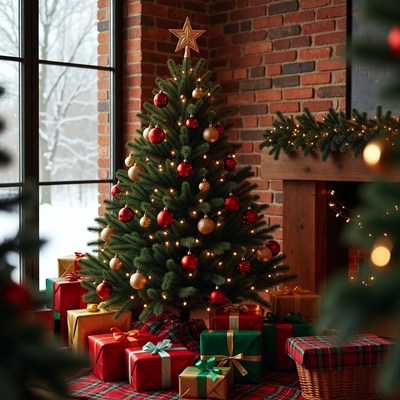 Christmas tree with gifts by brick fireplace