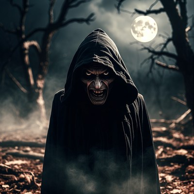 Grimacing hooded witch in foggy forest