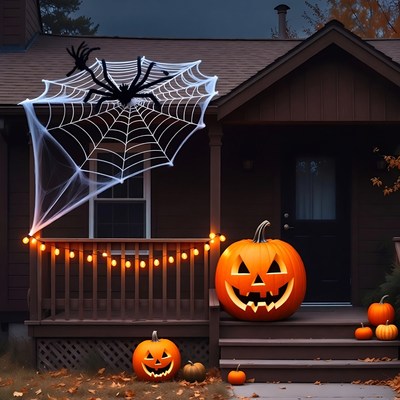 Halloween porch with spider web and pumpkins