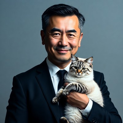 Asian man holding kitten