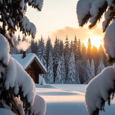Snowy Cabin in Forest at Sunset