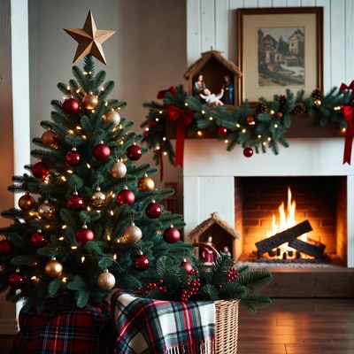 Christmas tree by fireplace