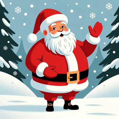 Cartoon Santa Claus waving in snow