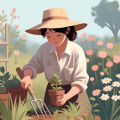 Woman planting seedling in garden
