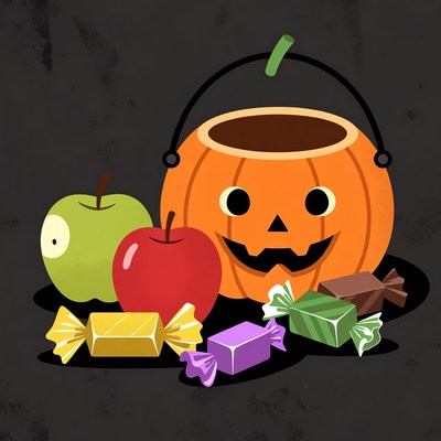 Jack-o'-lantern Bucket with Candy and Apples