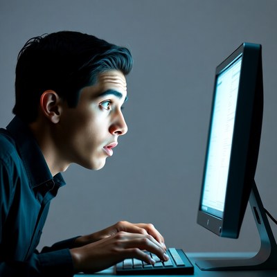 Shocked man staring at computer screen