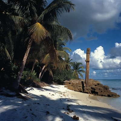 Wooden Totem Pole on Tropical Beach