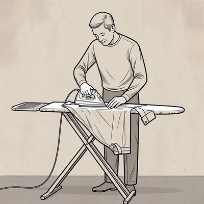 Man ironing clothes on ironing board