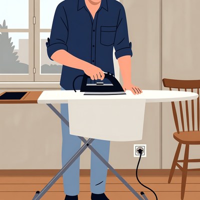 Man ironing clothes at ironing board