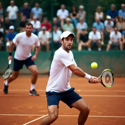 Man hitting tennis ball doubles match