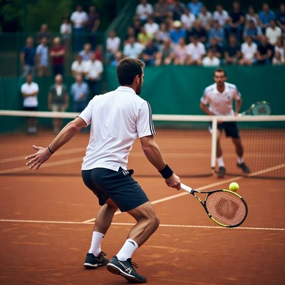 Man hitting tennis ball during match
