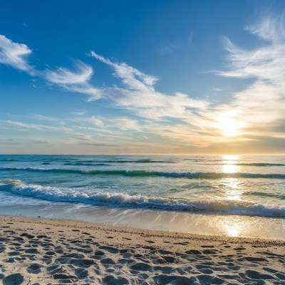 Sunset over beach with waves
