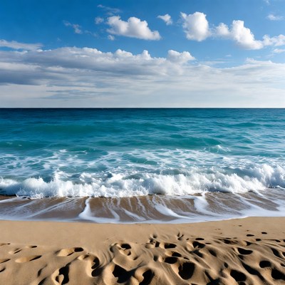 Sandy Beach with Waves and Footprints