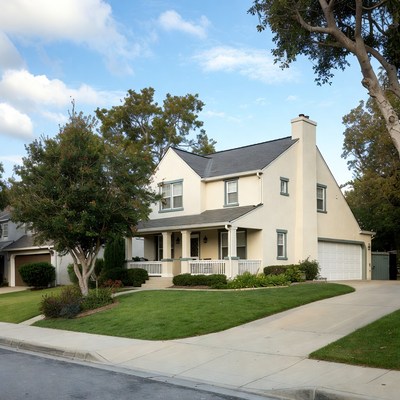Beige Suburban House with Landscaping