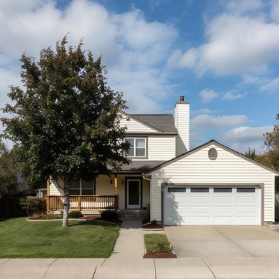Suburban House with Garage and Tree