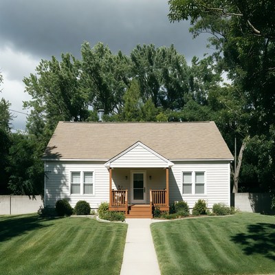 White house with porch under cloudy sky