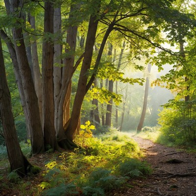 Sunlit Forest Path with Tall Trees