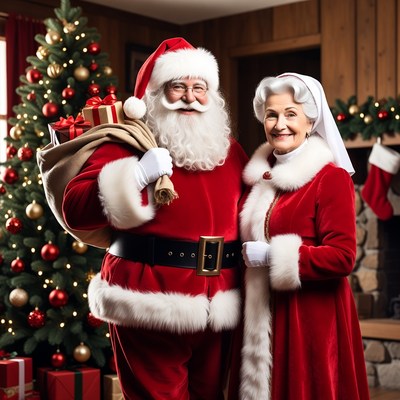 Santa Claus and Mrs. Claus with gifts