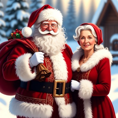Santa Claus and Mrs. Claus in snow