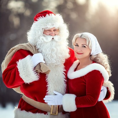 Santa Claus and Mrs. Claus in snowy forest