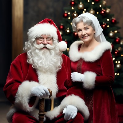 Santa Claus and Mrs. Claus by Christmas tree