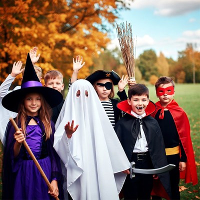 Children in Halloween Costumes Outdoors
